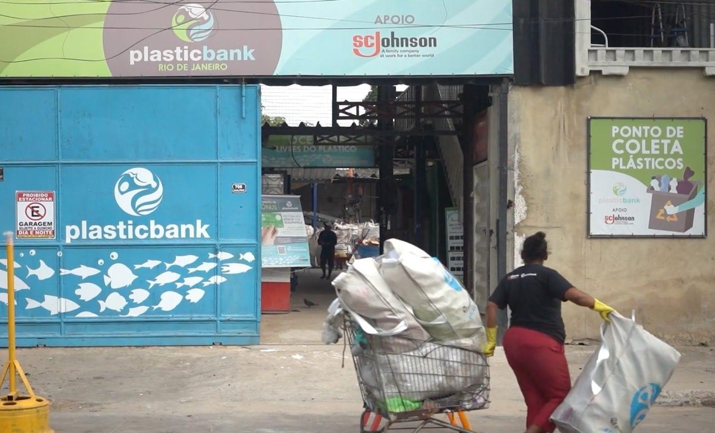 A Plastic Bank collection point in Brazil with bags of plastic outside