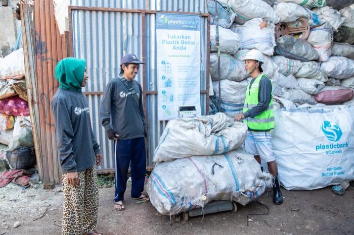 Plastic Bank collectors sorting ocean plastic in Indonesia