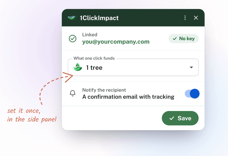 The 1ClickImpact side panel in Gmail: the account linked by email address, one click set to fund one tree, and recipient notifications switched on.