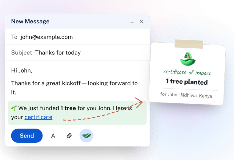 A Gmail draft with the line the add-on wrote into it, next to the certificate that line links to.